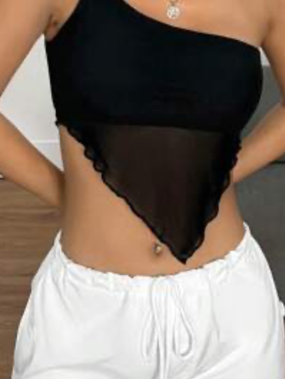 garage Women's One-Shoulder Black Mesh Handkerchief Hem Top size small